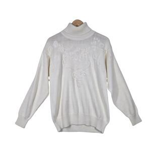 Vintage 90s Sheridan Square Sweater sz M Ivory Floral Embroidered Turtleneck